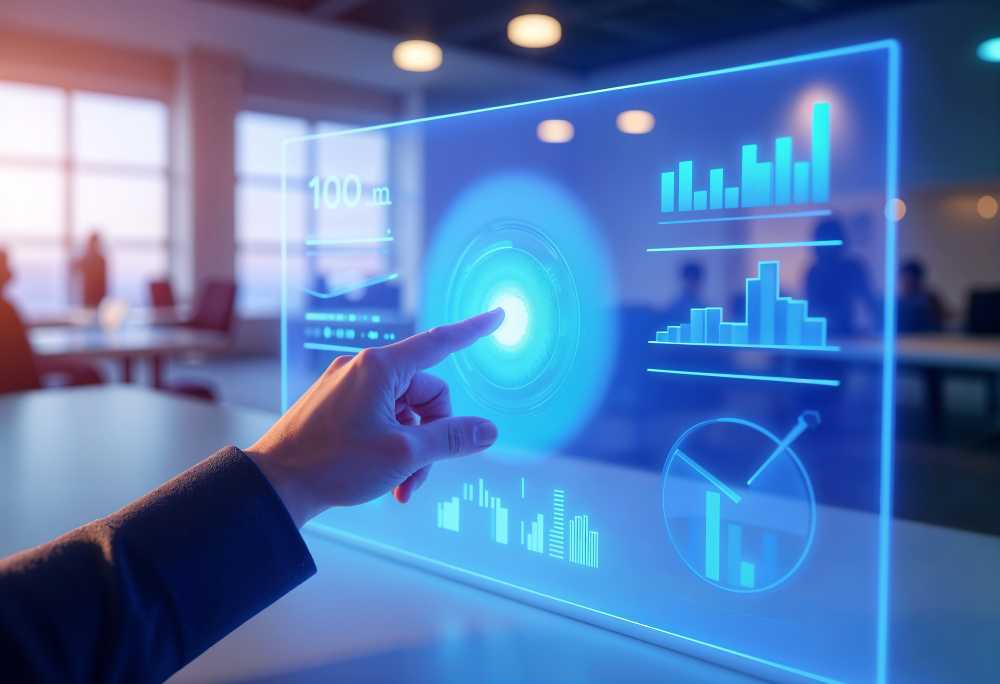 Pantalla holográfica con gráficas y estadísticas, representando el enfoque en datos de NAVIBLUE